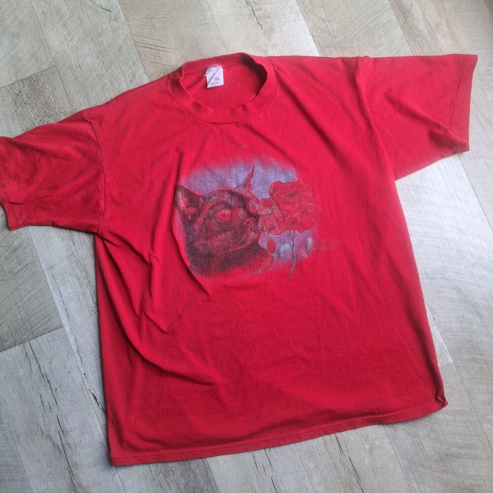 Vintage Jerzees XL Black Cat Shirt Unisex Red Graphic Tee Tshirt Rose Flower Top